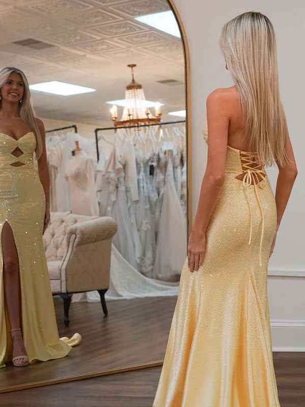 Light Yellow Mermaid Strapless Beaded Prom Dress With Keyholes