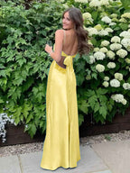Blue A Line V Neck Beaded Back Tie Long Prom Dress
