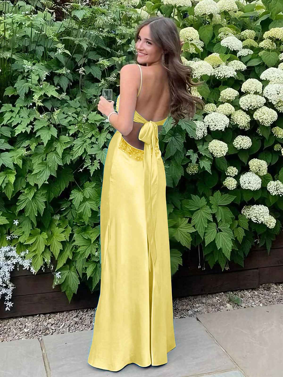 Blue A Line V Neck Beaded Back Tie Long Prom Dress