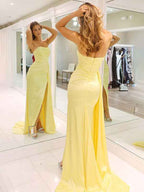 Yellow Strapless Prom Dress Long Mermaid Gown With Slit