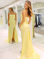 Yellow Strapless Prom Dress Long Mermaid Gown With Slit
