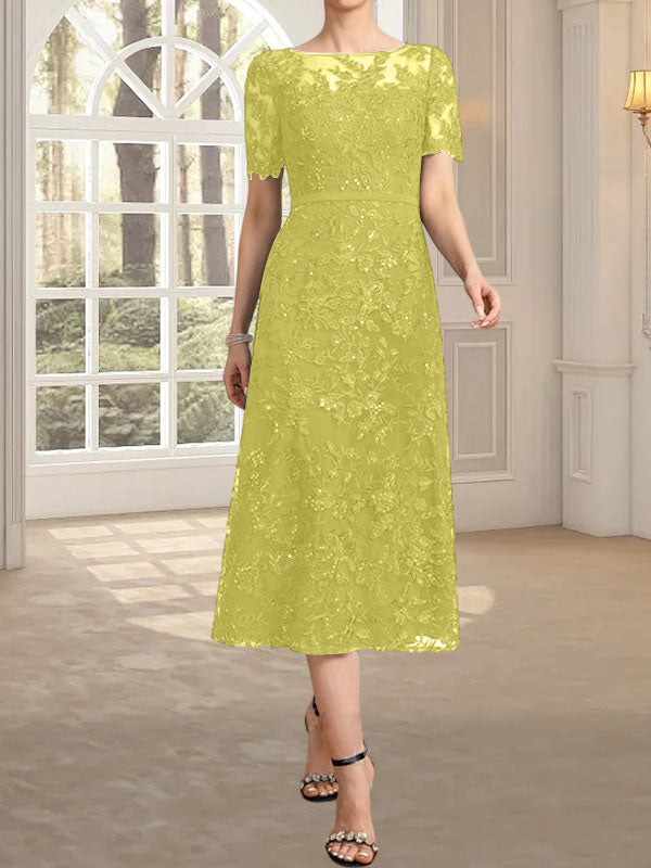 A-Linie, U-Ausschnitt, Illusion, knielang, Spitze, Kleid für die Brautmutter mit Pailletten