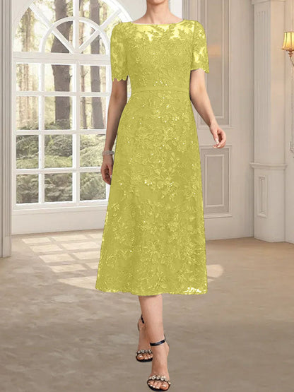 A-Linie, U-Ausschnitt, Illusion, knielang, Spitze, Kleid für die Brautmutter mit Pailletten