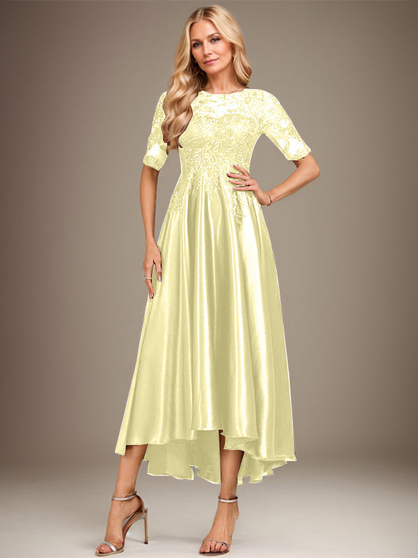 A-Linie, U-Ausschnitt, Illusion, asymmetrisch, Stretch-Satin, Spitze, Kleid für die Brautmutter mit Pailletten 