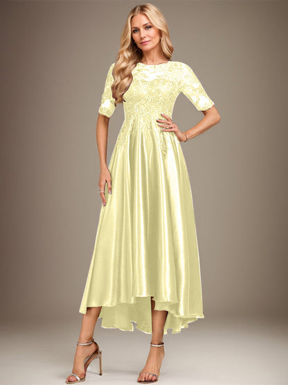 A-Linie, U-Ausschnitt, Illusion, asymmetrisch, Stretch-Satin, Spitze, Kleid für die Brautmutter mit Pailletten 