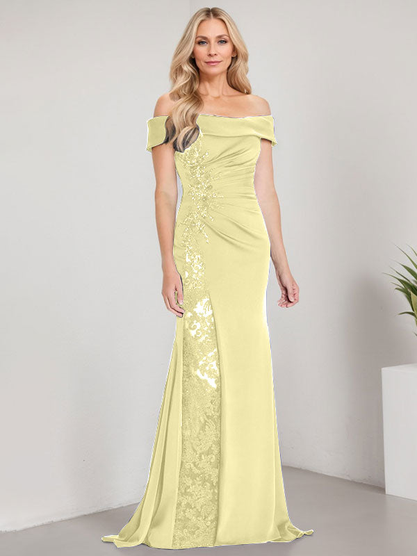Robe de mère de la mariée longue jusqu'au sol, ligne A, épaules dénudées, appliques et perles, robe sirène avec fente haute