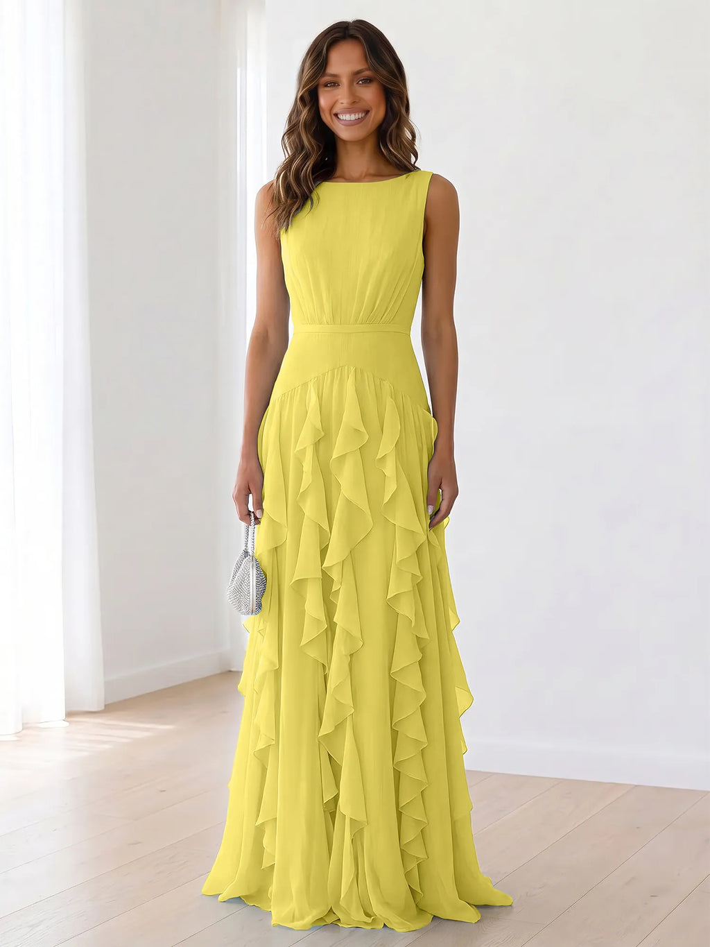 Sky Blue Tiered Chiffon Evening Maxi Dress With Ruched Bodice