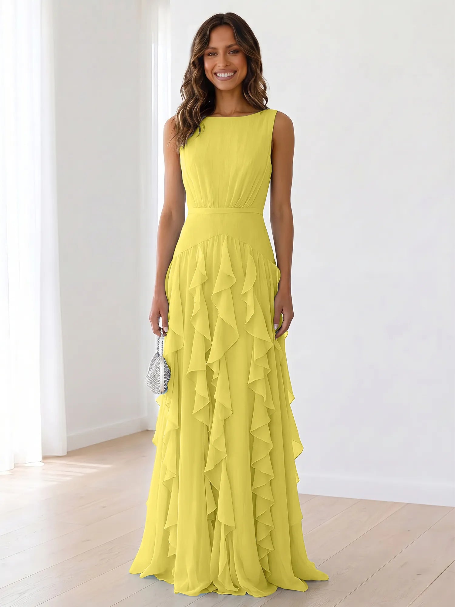 Sky Blue Tiered Chiffon Evening Maxi Dress With Ruched Bodice