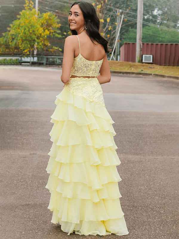 Yellow A Line Spaghetti Strap Prom Dress With Appliques And Tiered Chiffon