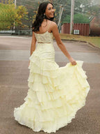 Yellow A Line Spaghetti Strap Prom Dress With Appliques And Tiered Chiffon