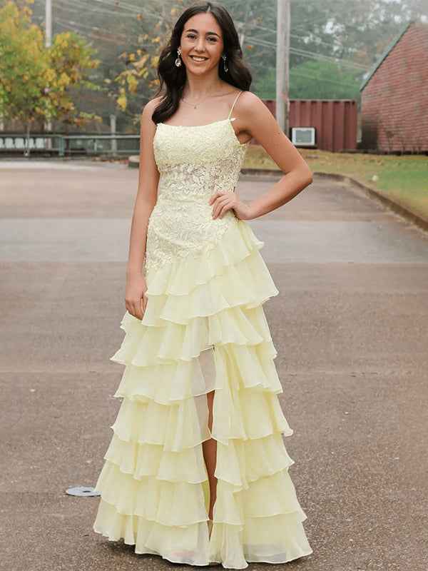 Yellow A Line Spaghetti Strap Prom Dress With Appliques And Tiered Chiffon