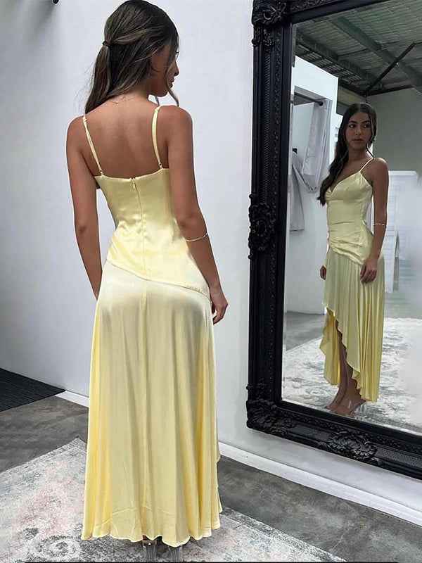 Lemon Yellow Satin A Line Spaghetti Straps Party Dress With Ruffle