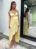 Lemon Yellow Satin A Line Spaghetti Straps Party Dress With Ruffle
