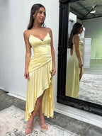 Lemon Yellow Satin A Line Spaghetti Straps Party Dress With Ruffle