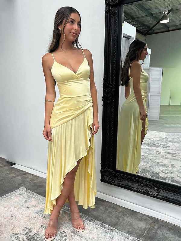 Lemon Yellow Satin A Line Spaghetti Straps Party Dress With Ruffle