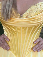 Yellow Strapless Satin Corset A Line Prom Dress