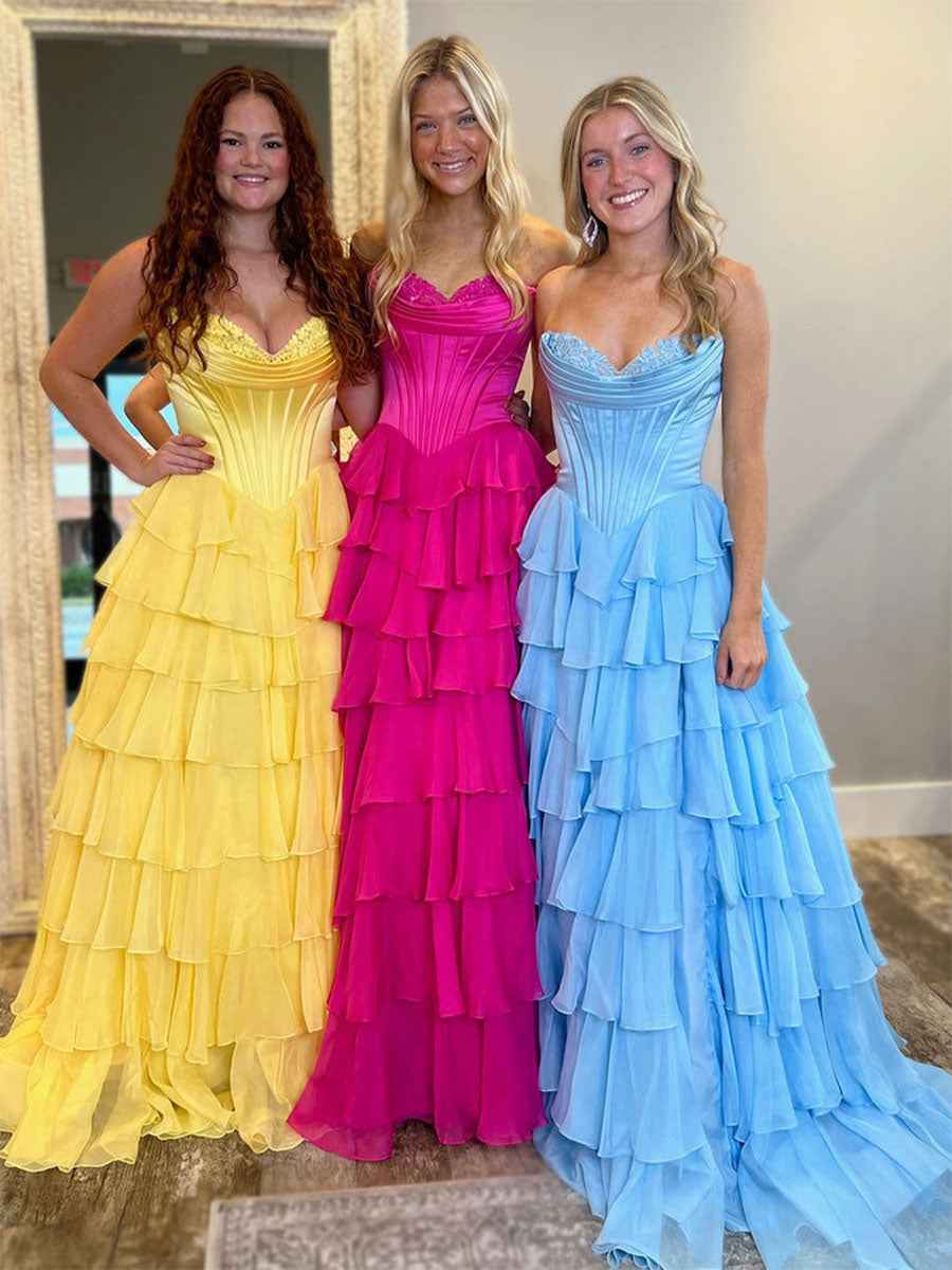 Yellow Strapless Satin Corset A Line Prom Dress