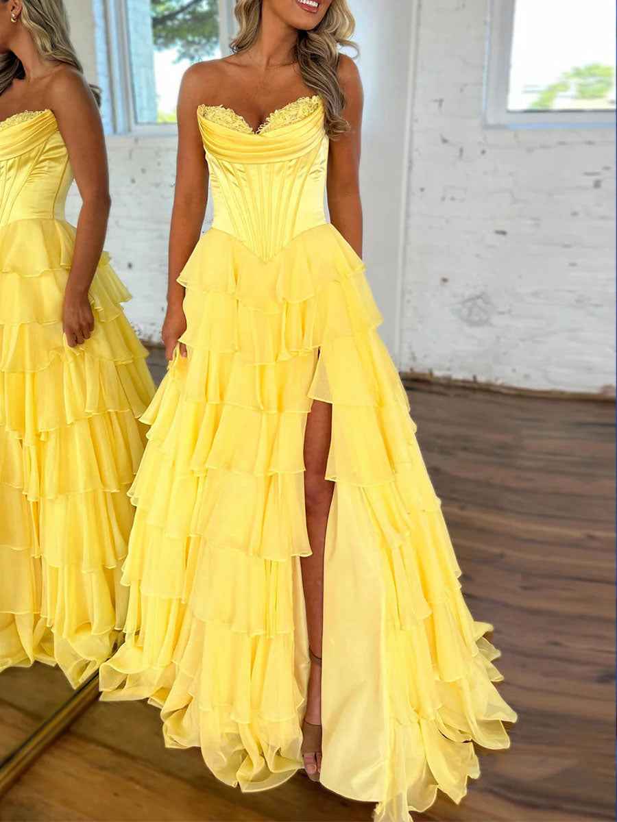 Yellow Strapless Satin Corset A Line Prom Dress