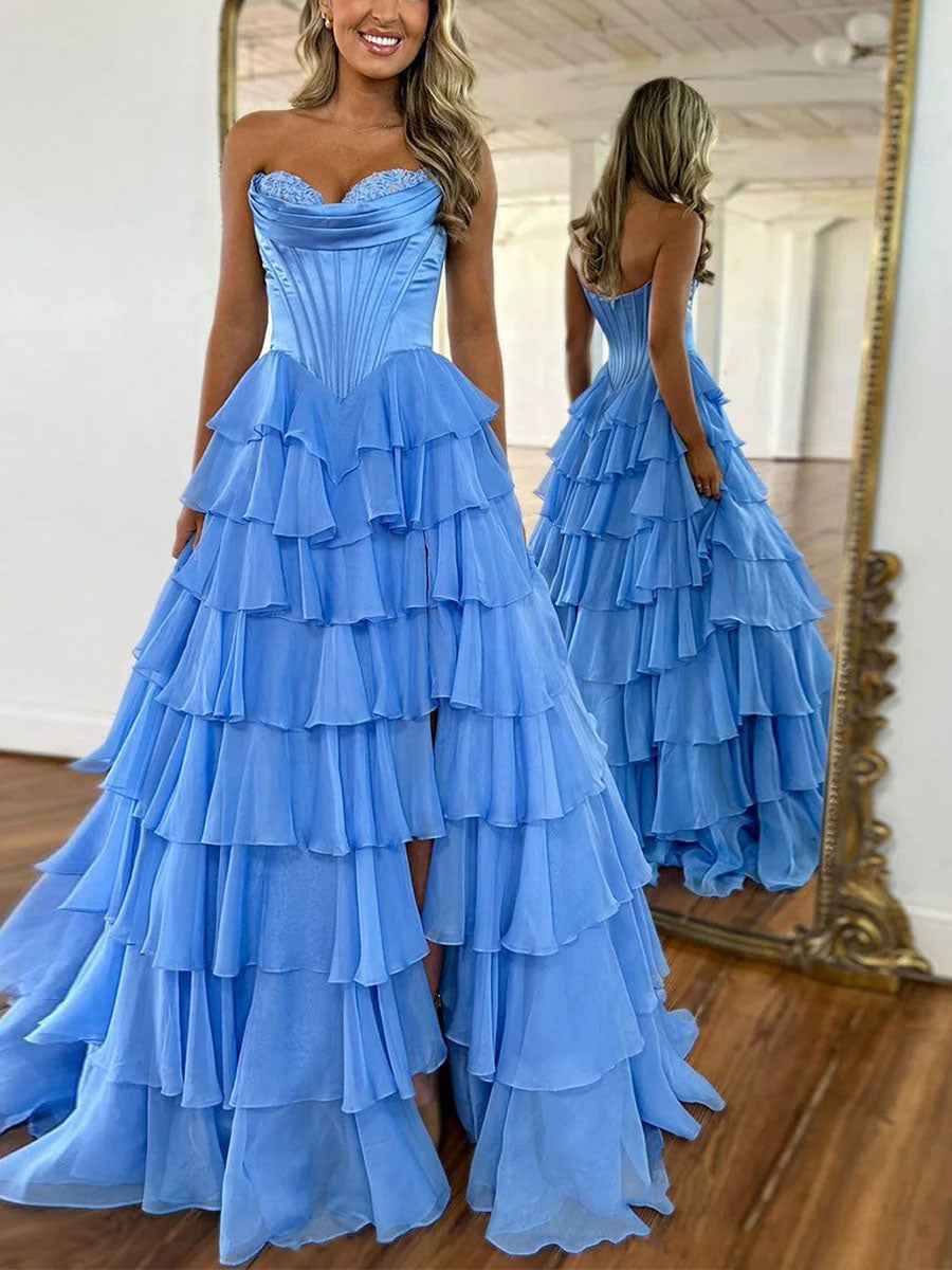 Yellow Strapless Satin Corset A Line Prom Dress