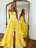 Yellow Strapless Satin Corset A Line Prom Dress