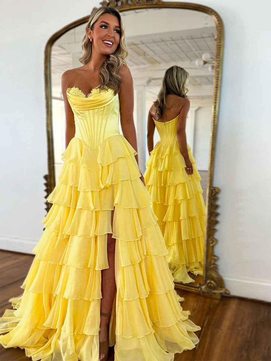 Yellow Strapless Satin Corset A Line Prom Dress