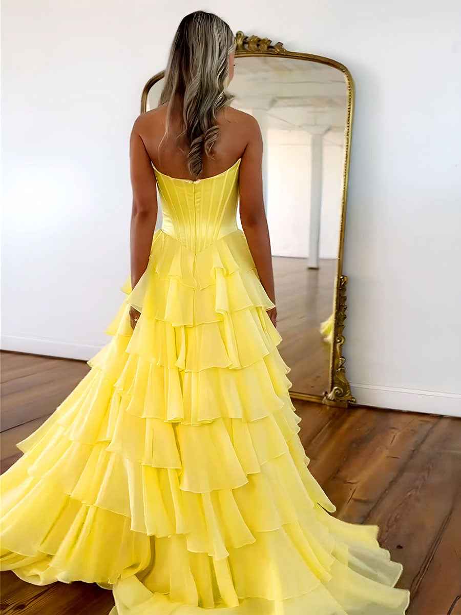 Yellow Strapless Satin Corset A Line Prom Dress