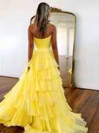 Yellow Strapless Satin Corset A Line Prom Dress