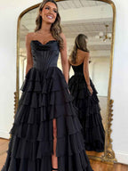 Yellow Strapless Satin Corset A Line Prom Dress