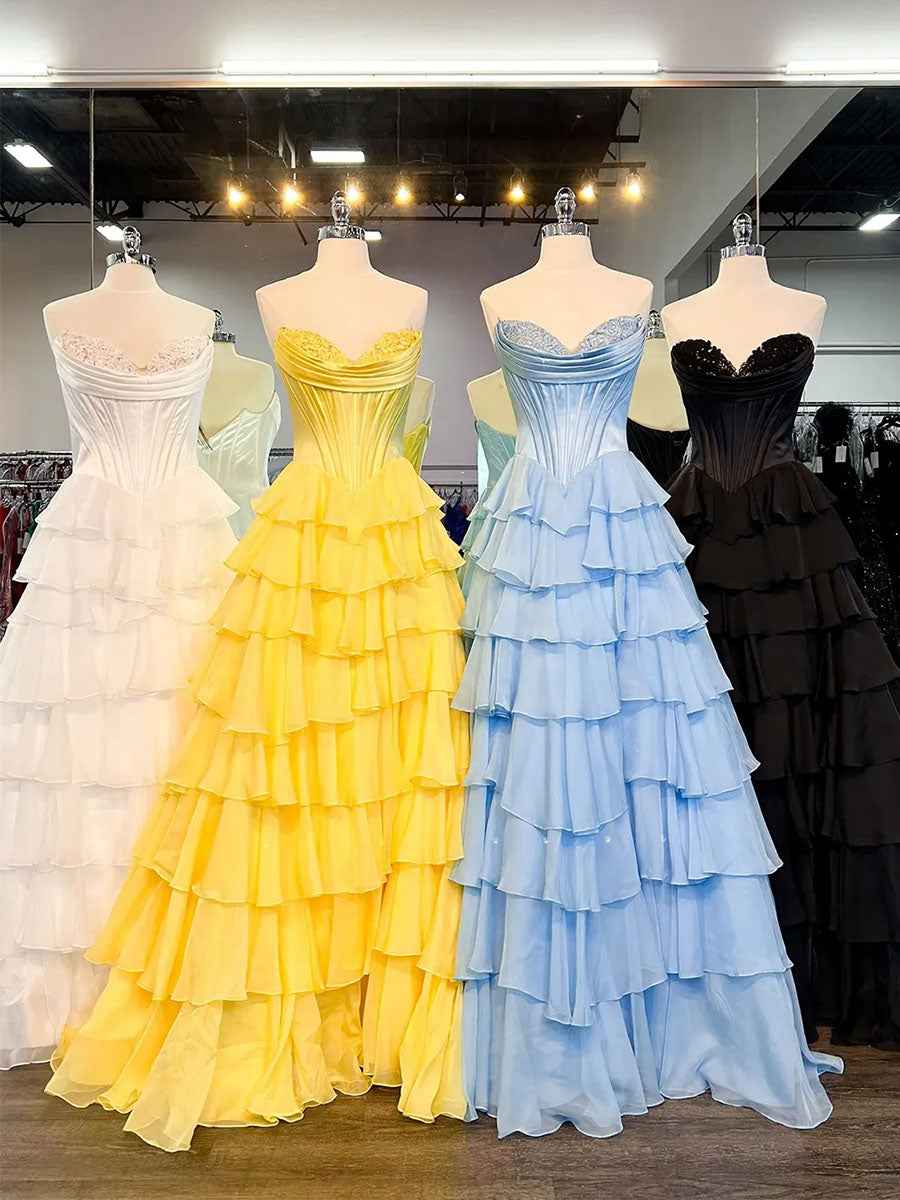 Yellow Strapless Satin Corset A Line Prom Dress