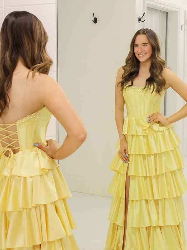 Yellow A Line Strapless Tiered Ruffle Long Prom Gown With Slit