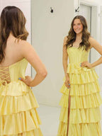 Yellow A Line Strapless Tiered Ruffle Long Prom Gown With Slit