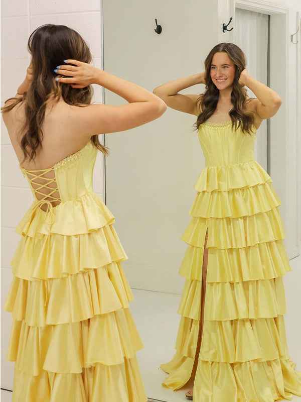 Yellow A Line Strapless Tiered Ruffle Long Prom Gown With Slit