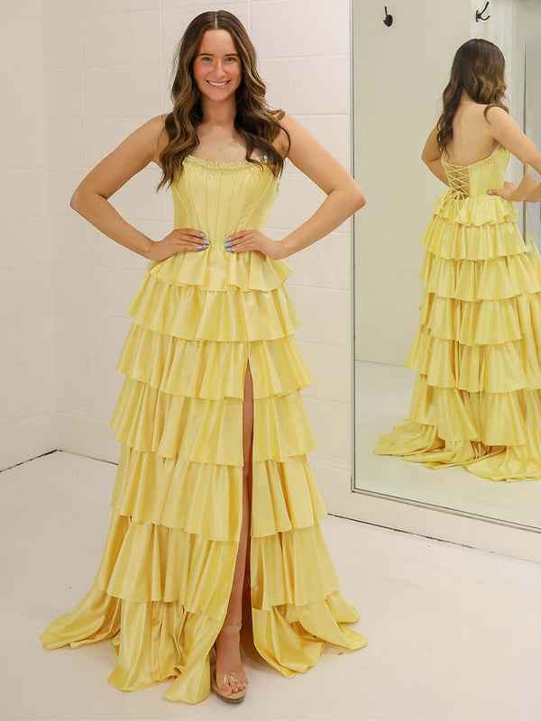 Yellow A Line Strapless Tiered Ruffle Long Prom Gown With Slit