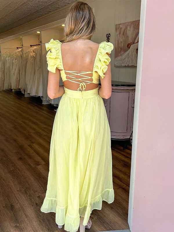 Lemon Yellow A Line Chiffon V Neck Dress With Ruffled Straps For Prom