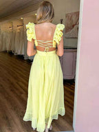 Lemon Yellow A Line Chiffon V Neck Dress With Ruffled Straps For Prom