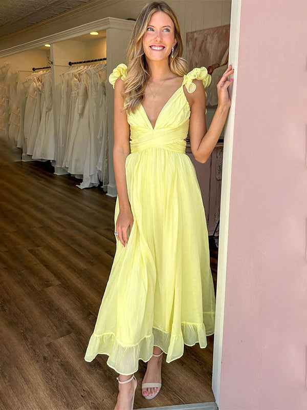 Lemon Yellow A Line Chiffon V Neck Dress With Ruffled Straps For Prom