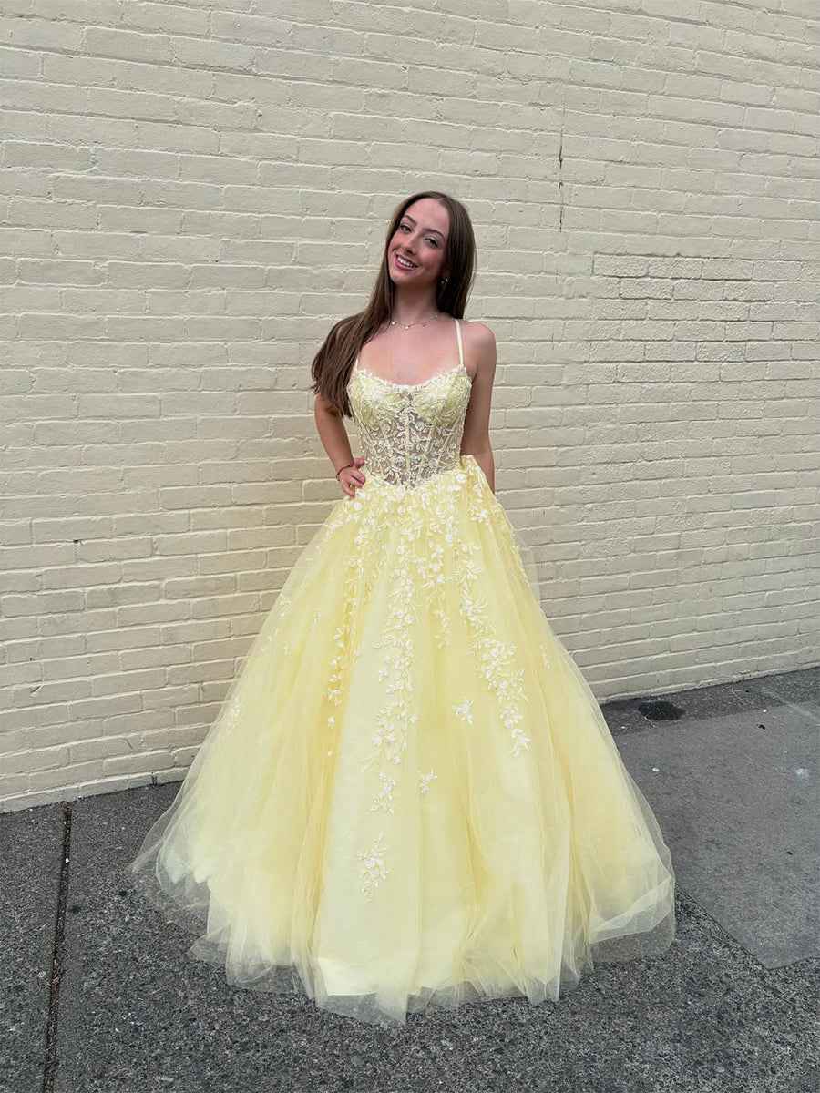 Yellow Floral A Line Lace Tulle Prom Dress With Applique And Sequins