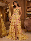 Yellow Floral Print Strapless Tiered Corset Prom Dress With Beaded Neckline