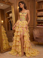 Yellow Floral Print Strapless Tiered Corset Prom Dress With Beaded Neckline