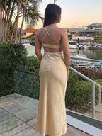 Golden Satin Mermaid Party Dress With Spaghetti Straps And Side Cutout