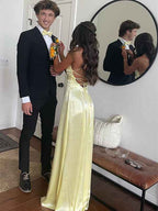 Yellow Mermaid Prom Dress With Spaghetti Straps And Slit Satin