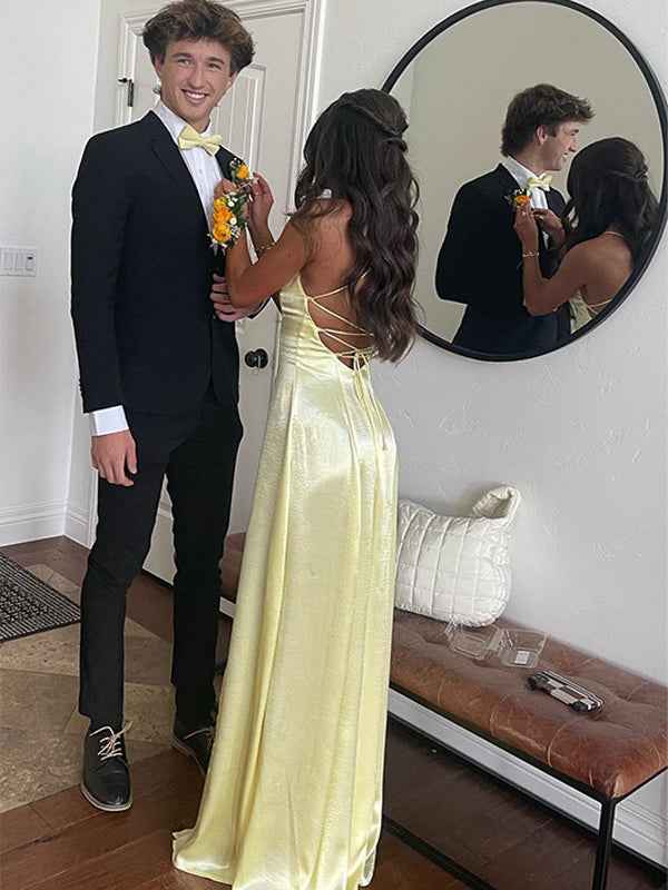 Yellow Mermaid Prom Dress With Spaghetti Straps And Slit Satin