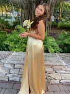 Yellow Mermaid Prom Dress With Spaghetti Straps And Slit Satin
