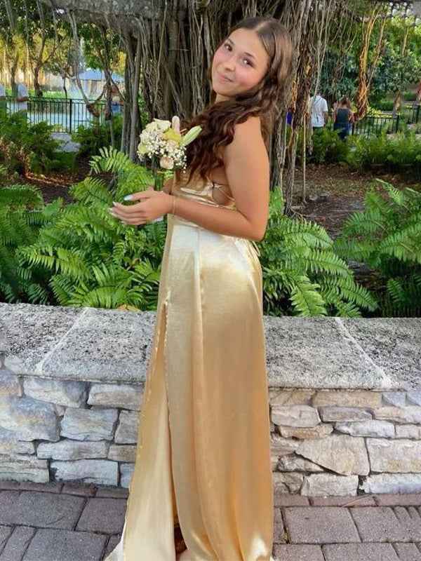 Yellow Mermaid Prom Dress With Spaghetti Straps And Slit Satin