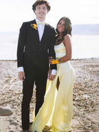 Yellow Mermaid Prom Dress With Spaghetti Straps And Slit Satin