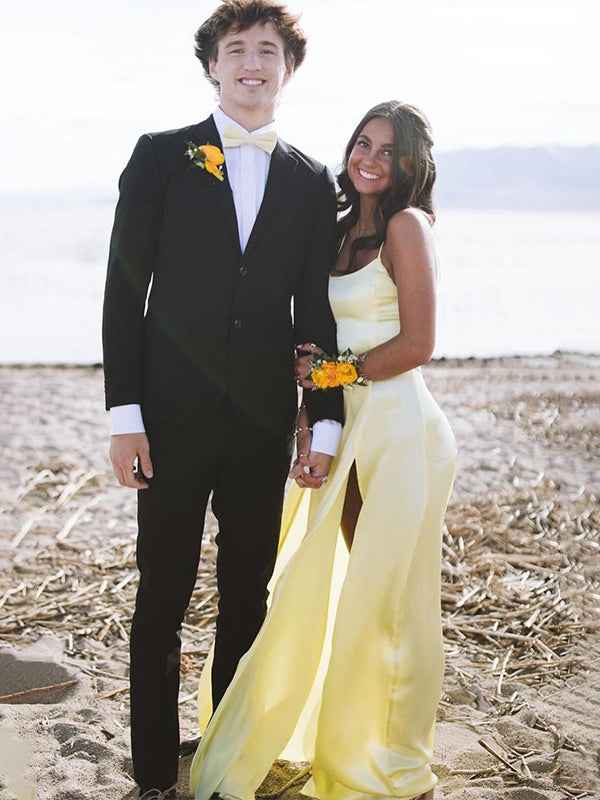 Yellow Mermaid Prom Dress With Spaghetti Straps And Slit Satin