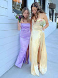 Yellow Mermaid Prom Dress With Spaghetti Straps And Slit Satin