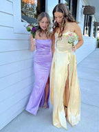 Yellow Mermaid Prom Dress With Spaghetti Straps And Slit Satin