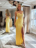 Yellow Mermaid Prom Dress With Sweetheart Neckline Spaghetti Straps Sequins
