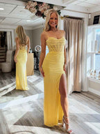 Yellow Mermaid Prom Dress With Sweetheart Neckline Spaghetti Straps Sequins